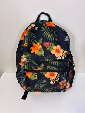 Dickies Black Backpack with Orange Floral Print Unisex 17 x 5 x 12”